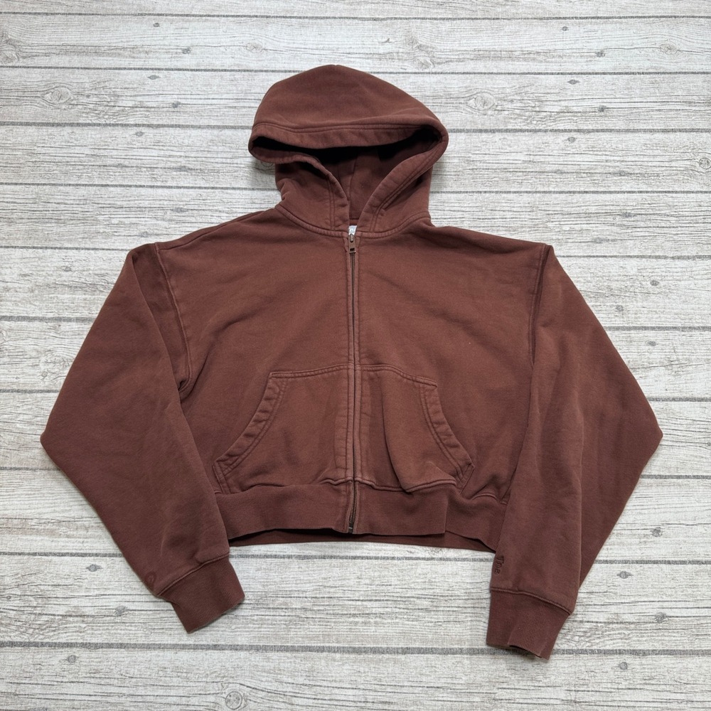 TNA Aritzia Hoodie Women's XS Brown Cozy Fleece Boyfriend Fit Cropped Full Zip